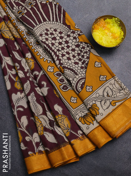 Kalamkari semi silk saree wine shade and mustard yellow with allover prints and mangalgiri border
