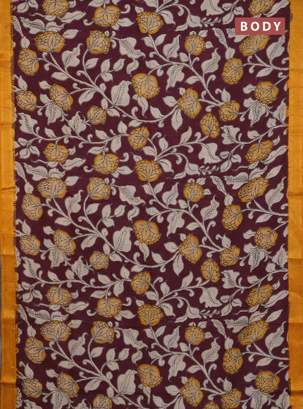Kalamkari semi silk saree wine shade and mustard yellow with allover prints and mangalgiri border