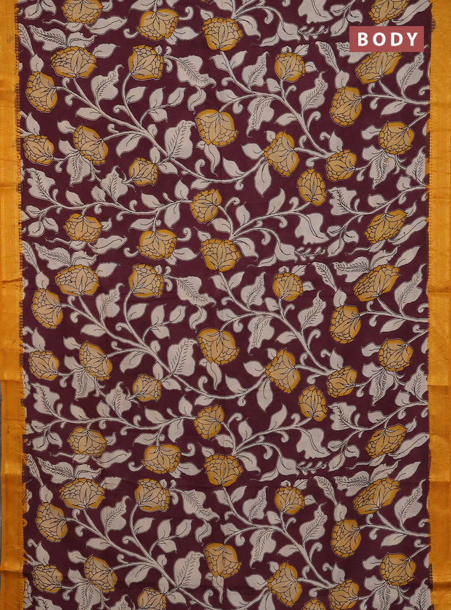 Kalamkari semi silk saree wine shade and mustard yellow with allover prints and mangalgiri border