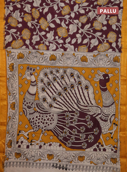 Kalamkari semi silk saree wine shade and mustard yellow with allover prints and mangalgiri border