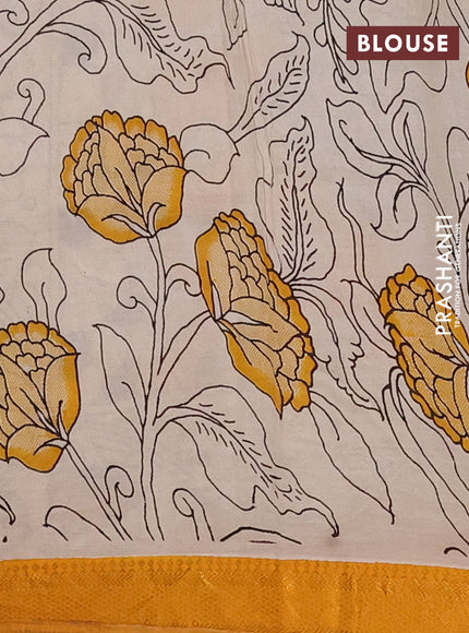 Kalamkari semi silk saree wine shade and mustard yellow with allover prints and mangalgiri border
