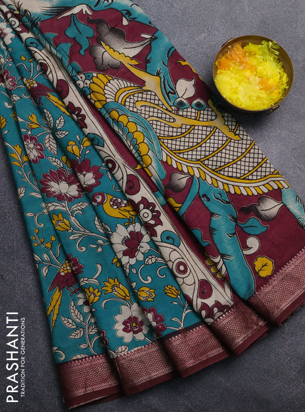 Kalamkari semi silk saree teal green and wine shade with allover prints and mangalgiri border