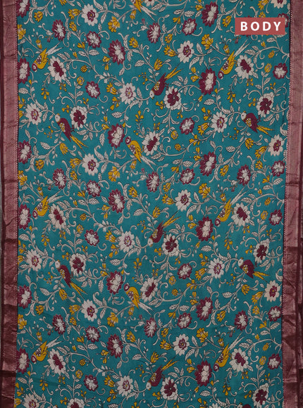 Kalamkari semi silk saree teal green and wine shade with allover prints and mangalgiri border