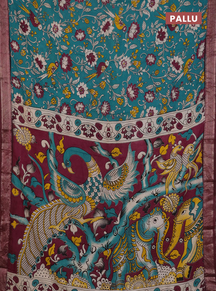 Kalamkari semi silk saree teal green and wine shade with allover prints and mangalgiri border