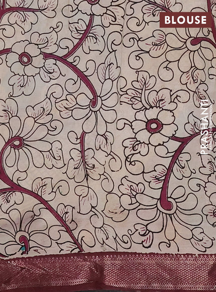 Kalamkari semi silk saree teal green and wine shade with allover prints and mangalgiri border