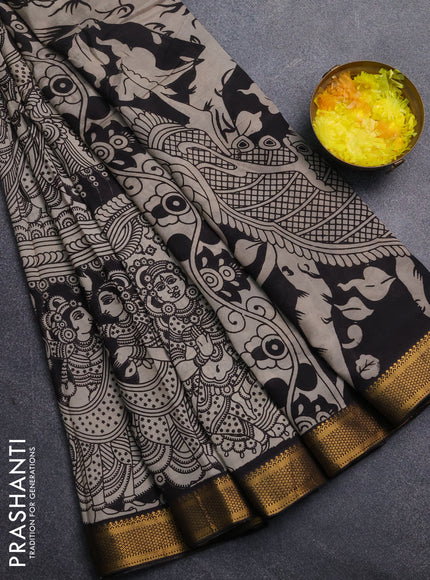 Kalamkari semi silk saree beige and black with allover prints and mangalgiri border