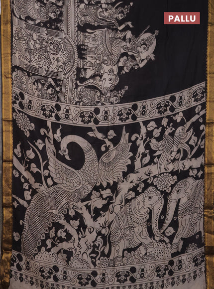 Kalamkari semi silk saree beige and black with allover prints and mangalgiri border