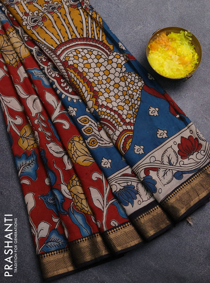 Kalamkari semi silk saree maroon and black with allover prints and mangalgiri border