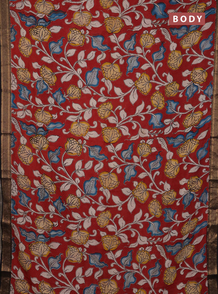 Kalamkari semi silk saree maroon and black with allover prints and mangalgiri border