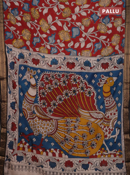 Kalamkari semi silk saree maroon and black with allover prints and mangalgiri border
