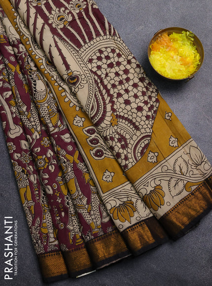 Kalamkari semi silk saree wine shade and black with allover prints and mangalgiri border