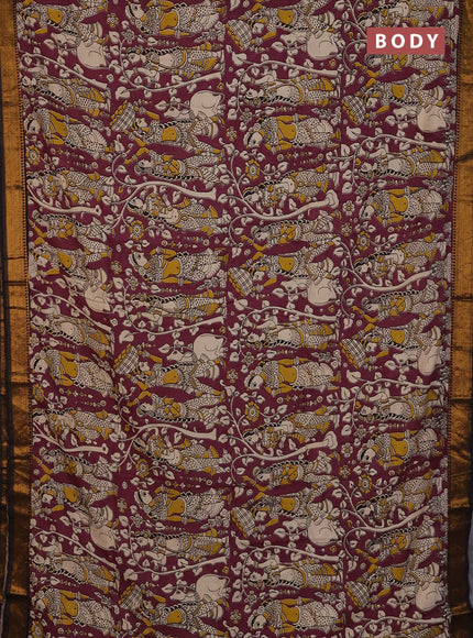 Kalamkari semi silk saree wine shade and black with allover prints and mangalgiri border