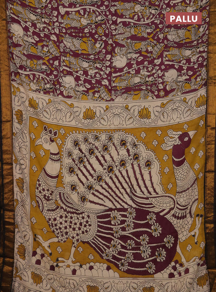 Kalamkari semi silk saree wine shade and black with allover prints and mangalgiri border