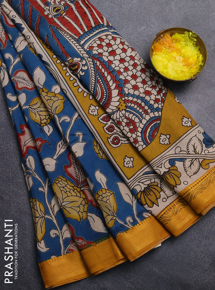 Kalamkari semi silk saree peacock blue and mustard yellow with allover prints and mangalgiri border