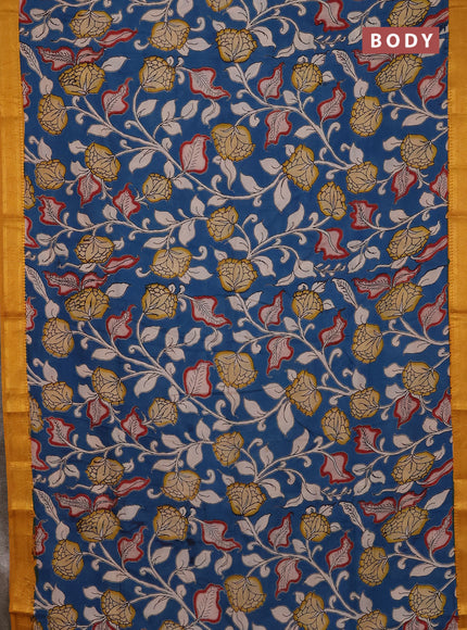 Kalamkari semi silk saree peacock blue and mustard yellow with allover prints and mangalgiri border
