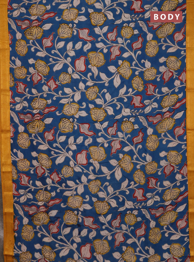 Kalamkari semi silk saree peacock blue and mustard yellow with allover prints and mangalgiri border