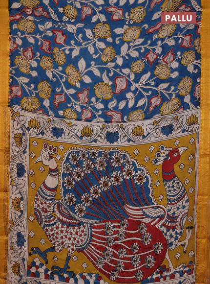 Kalamkari semi silk saree peacock blue and mustard yellow with allover prints and mangalgiri border