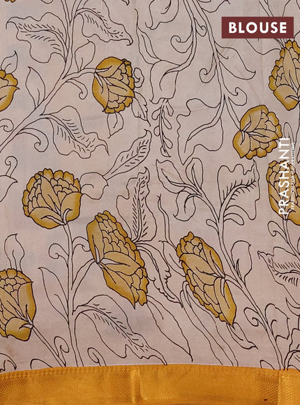 Kalamkari semi silk saree peacock blue and mustard yellow with allover prints and mangalgiri border