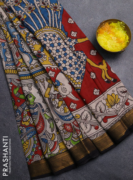 Kalamkari semi silk saree beige and black with allover prints and mangalgiri border
