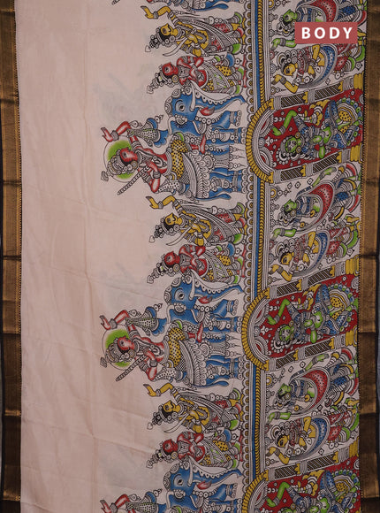 Kalamkari semi silk saree beige and black with allover prints and mangalgiri border