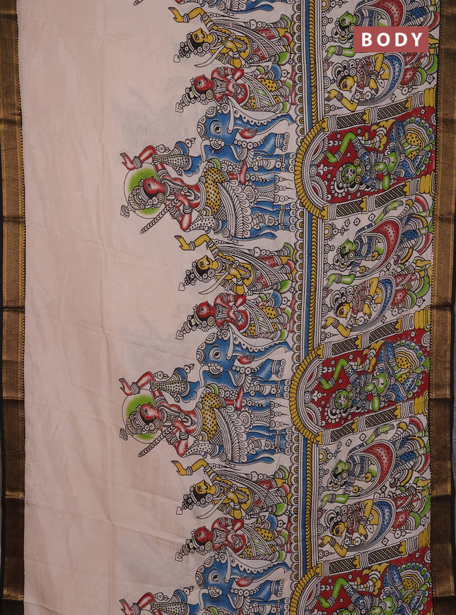 Kalamkari semi silk saree beige and black with allover prints and mangalgiri border
