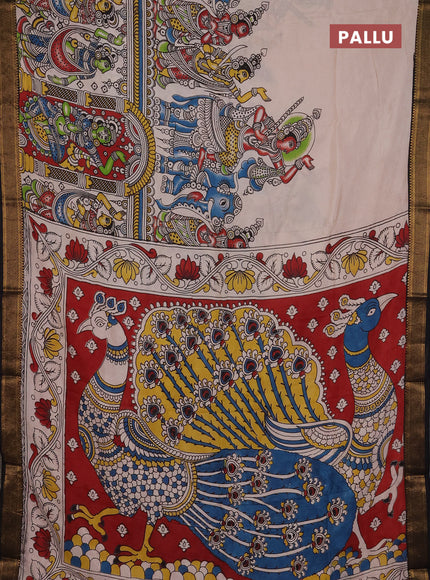 Kalamkari semi silk saree beige and black with allover prints and mangalgiri border