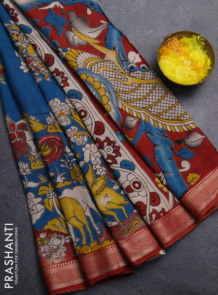 Kalamkari semi silk saree peacock blue and maroon with allover prints and mangalgiri border