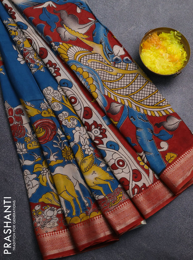 Kalamkari semi silk saree peacock blue and maroon with allover prints and mangalgiri border