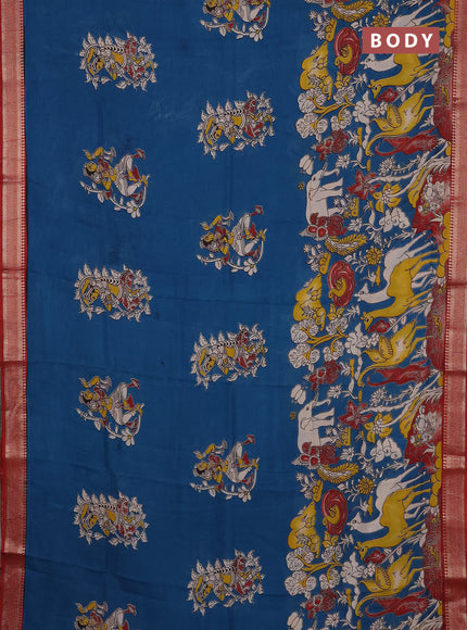 Kalamkari semi silk saree peacock blue and maroon with allover prints and mangalgiri border