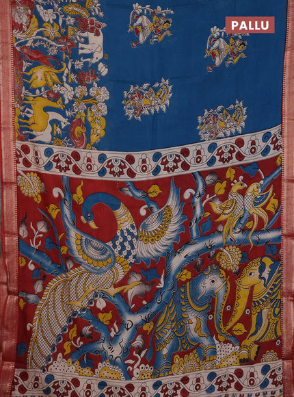 Kalamkari semi silk saree peacock blue and maroon with allover prints and mangalgiri border
