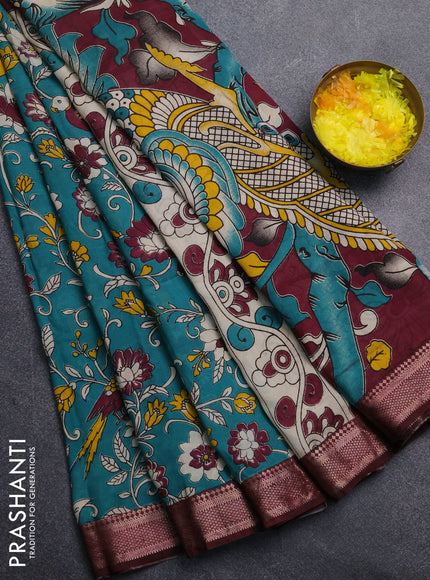 Kalamkari semi silk saree teal green and wine shade with allover prints and mangalgiri border