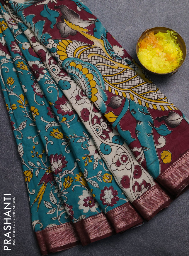 Kalamkari semi silk saree teal green and wine shade with allover prints and mangalgiri border