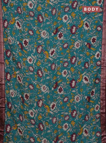 Kalamkari semi silk saree teal green and wine shade with allover prints and mangalgiri border