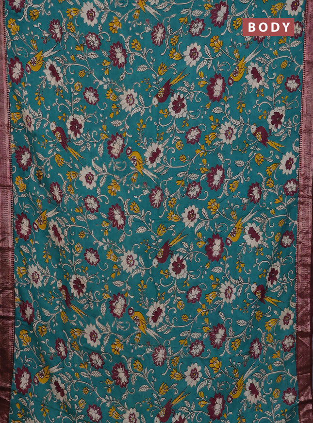 Kalamkari semi silk saree teal green and wine shade with allover prints and mangalgiri border