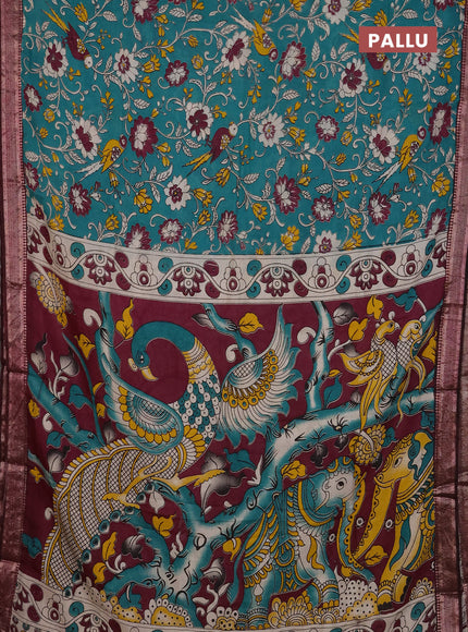 Kalamkari semi silk saree teal green and wine shade with allover prints and mangalgiri border