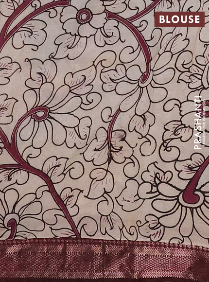 Kalamkari semi silk saree teal green and wine shade with allover prints and mangalgiri border