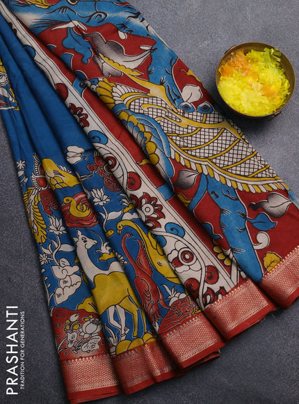 Kalamkari semi silk saree peacock blue and maroon with allover prints and mangalgiri border