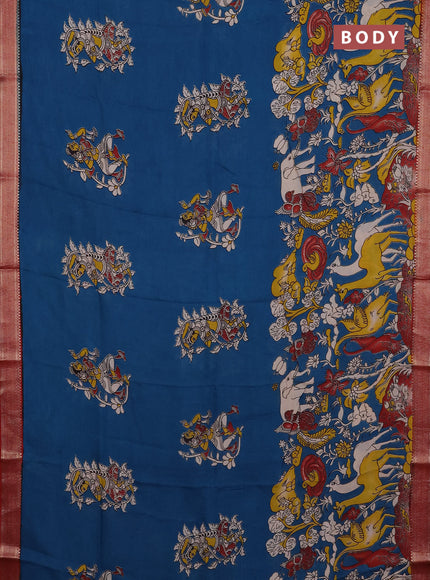 Kalamkari semi silk saree peacock blue and maroon with allover prints and mangalgiri border
