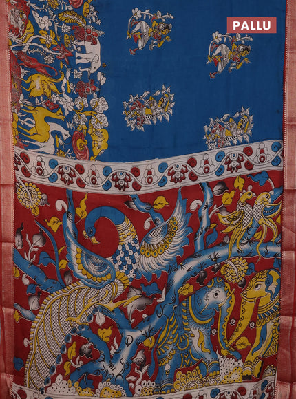 Kalamkari semi silk saree peacock blue and maroon with allover prints and mangalgiri border