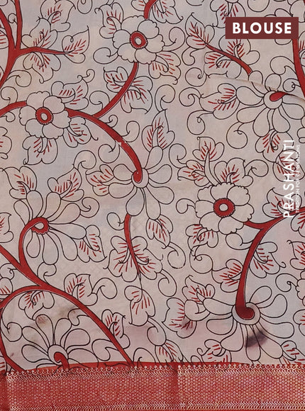 Kalamkari semi silk saree peacock blue and maroon with allover prints and mangalgiri border