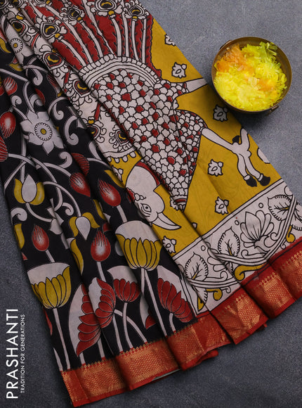 Kalamkari semi silk saree black and maroon with allover prints and mangalgiri border