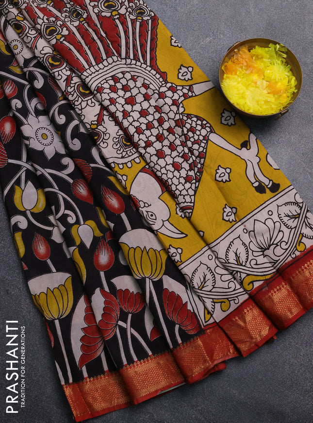 Kalamkari semi silk saree black and maroon with allover prints and mangalgiri border