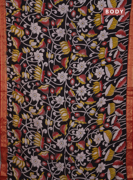 Kalamkari semi silk saree black and maroon with allover prints and mangalgiri border