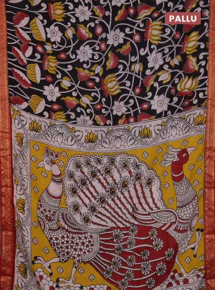 Kalamkari semi silk saree black and maroon with allover prints and mangalgiri border