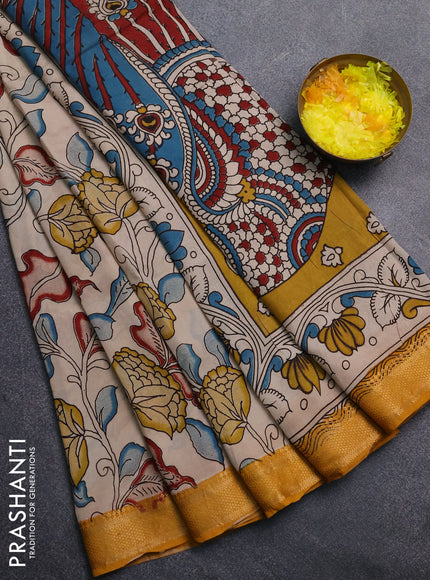 Kalamkari semi silk saree beige and mustard yellow with allover prints and mangalgiri border