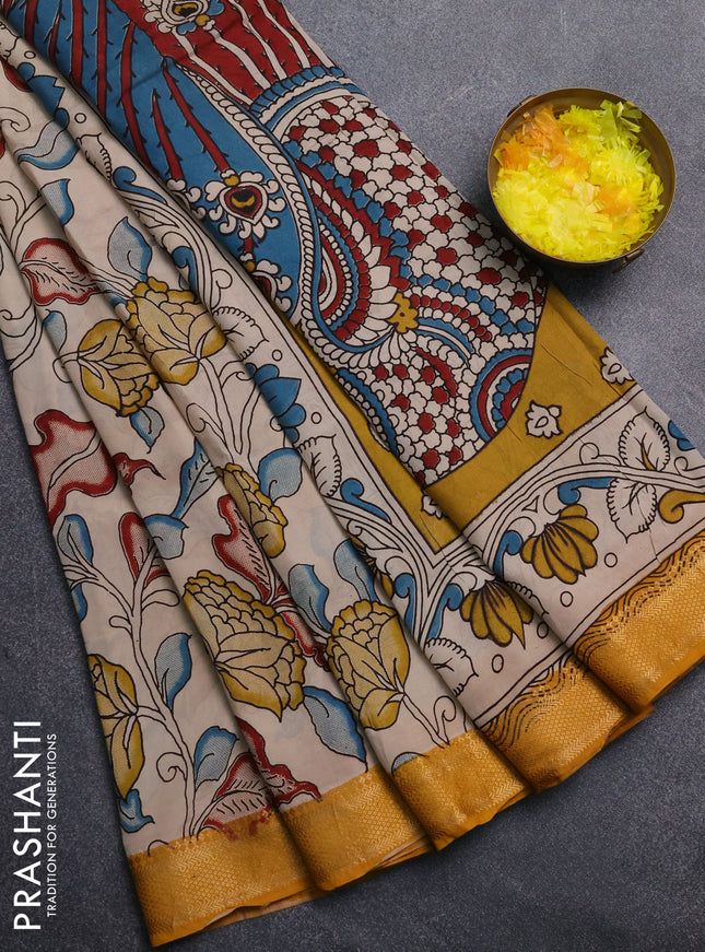Kalamkari semi silk saree beige and mustard yellow with allover prints and mangalgiri border