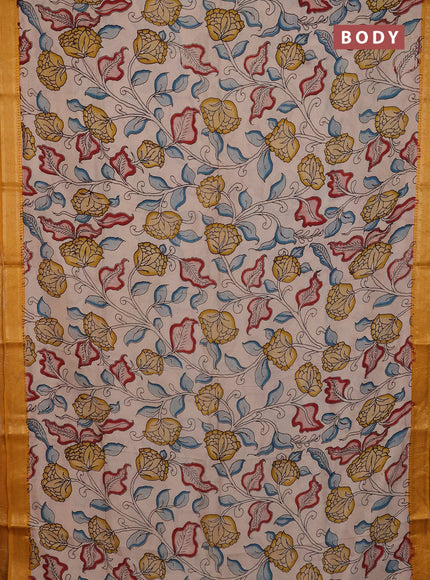 Kalamkari semi silk saree beige and mustard yellow with allover prints and mangalgiri border
