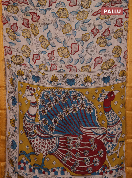 Kalamkari semi silk saree beige and mustard yellow with allover prints and mangalgiri border