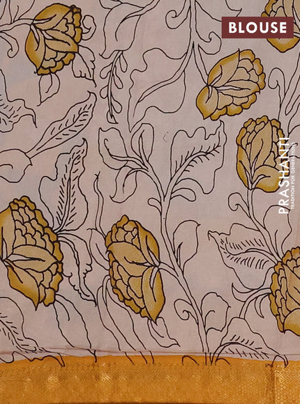 Kalamkari semi silk saree beige and mustard yellow with allover prints and mangalgiri border