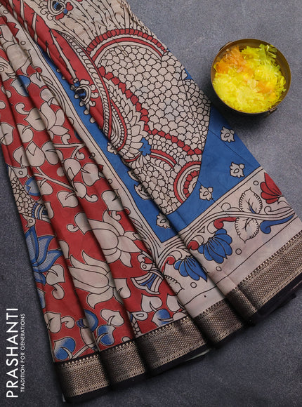 Kalamkari semi silk saree pastel maroon and black with allover prints and mangalgiri border